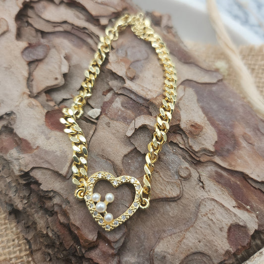 Avalyn Gold Heart Bracelet with Pearl Detail