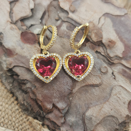 Precious Ruby Red Heart Drop Huggie Earrings