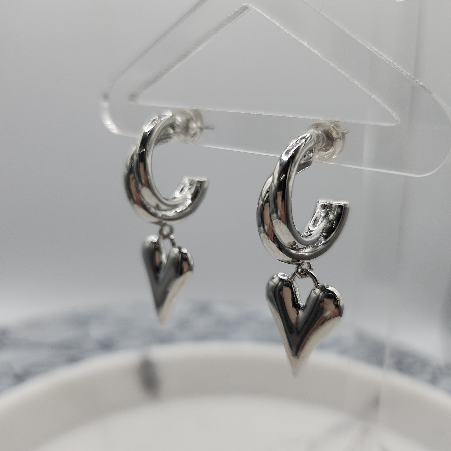 Silver Love Heart Drop Earrings