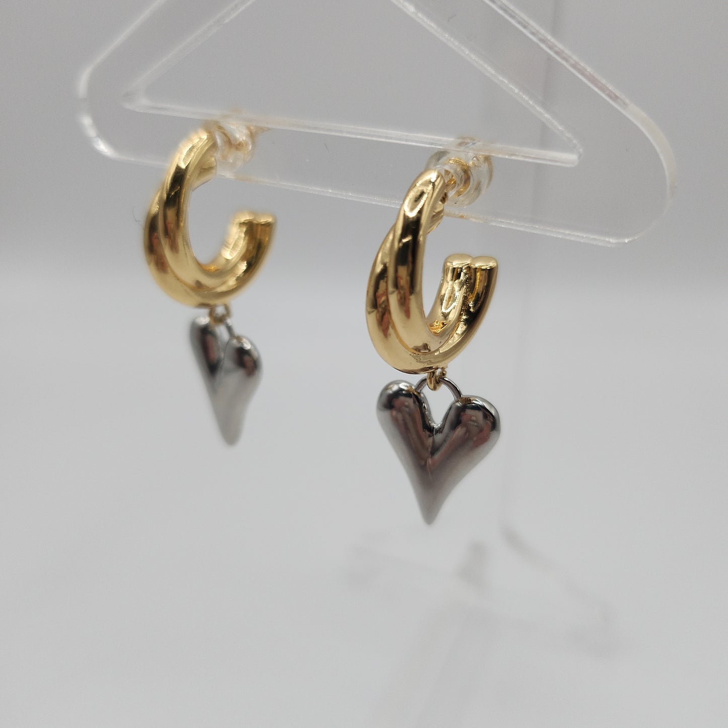 Gold & Silver Love Heart Drop Earrings