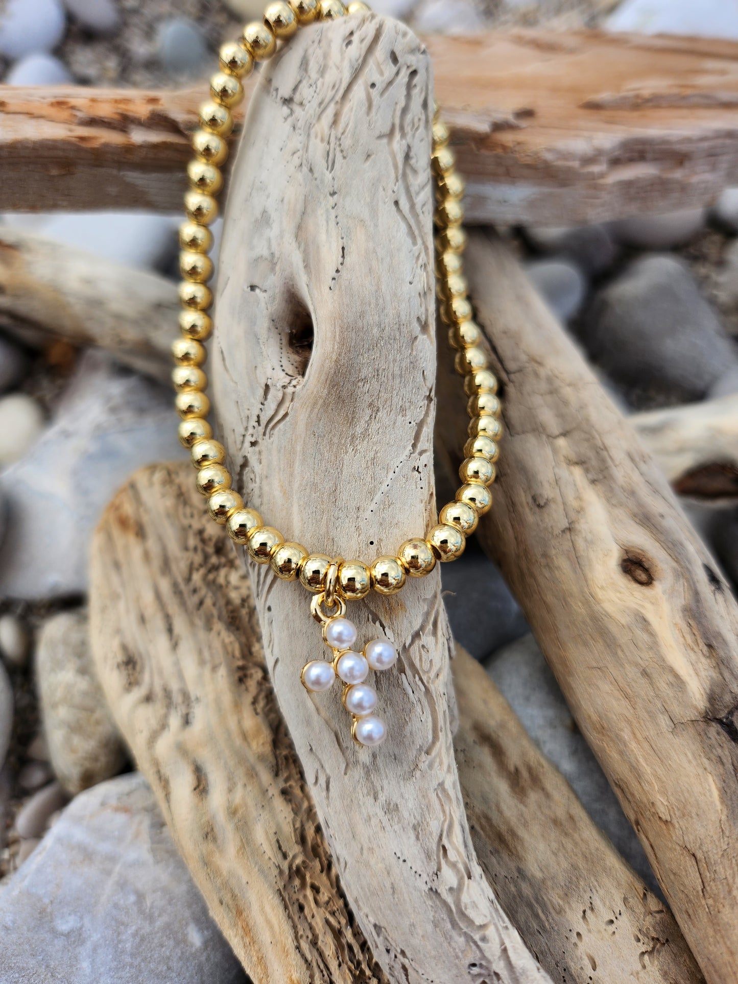 Gold Bobble Bracelet with Pearl Cross