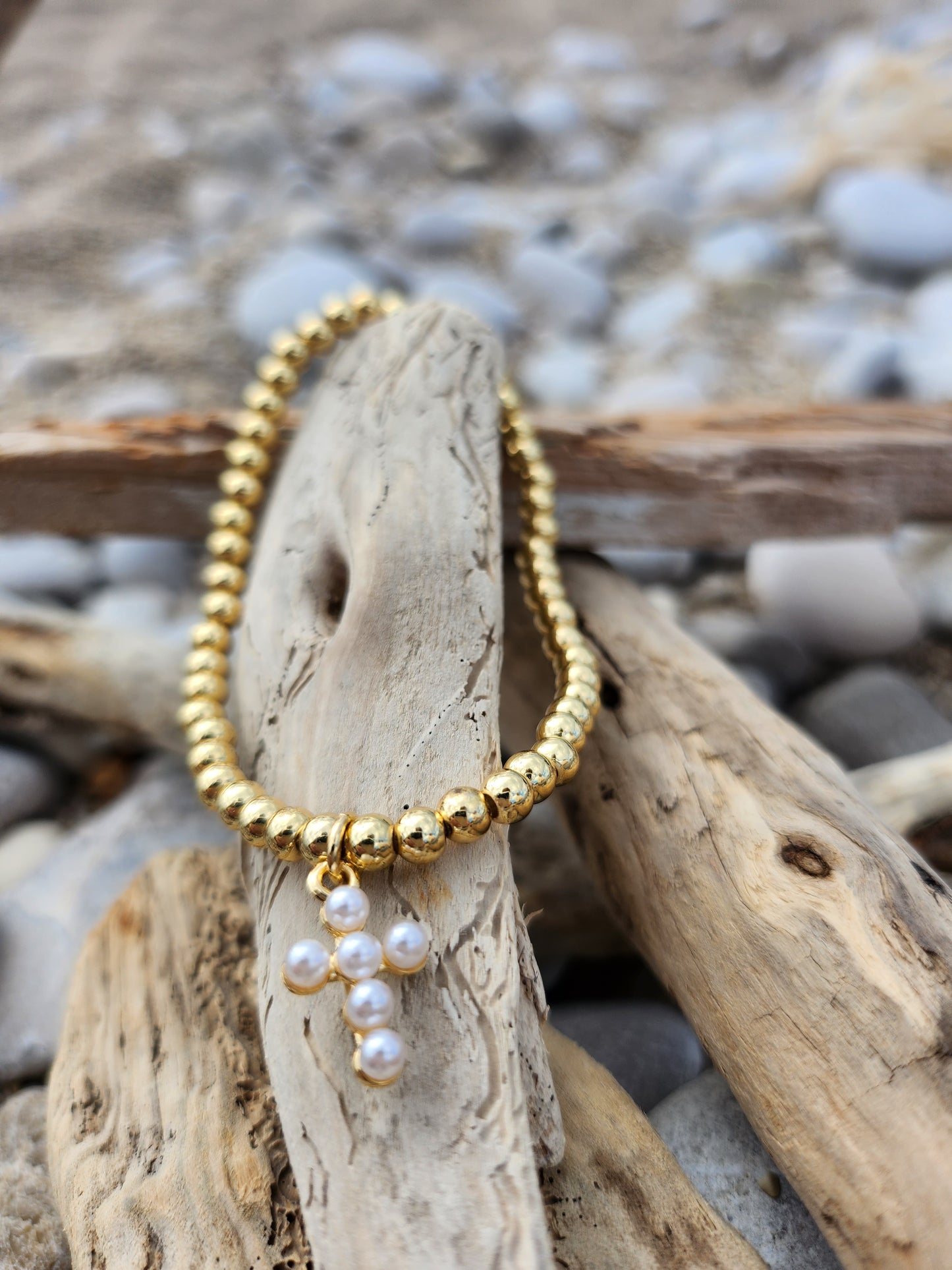 Gold Bobble Bracelet with Pearl Cross