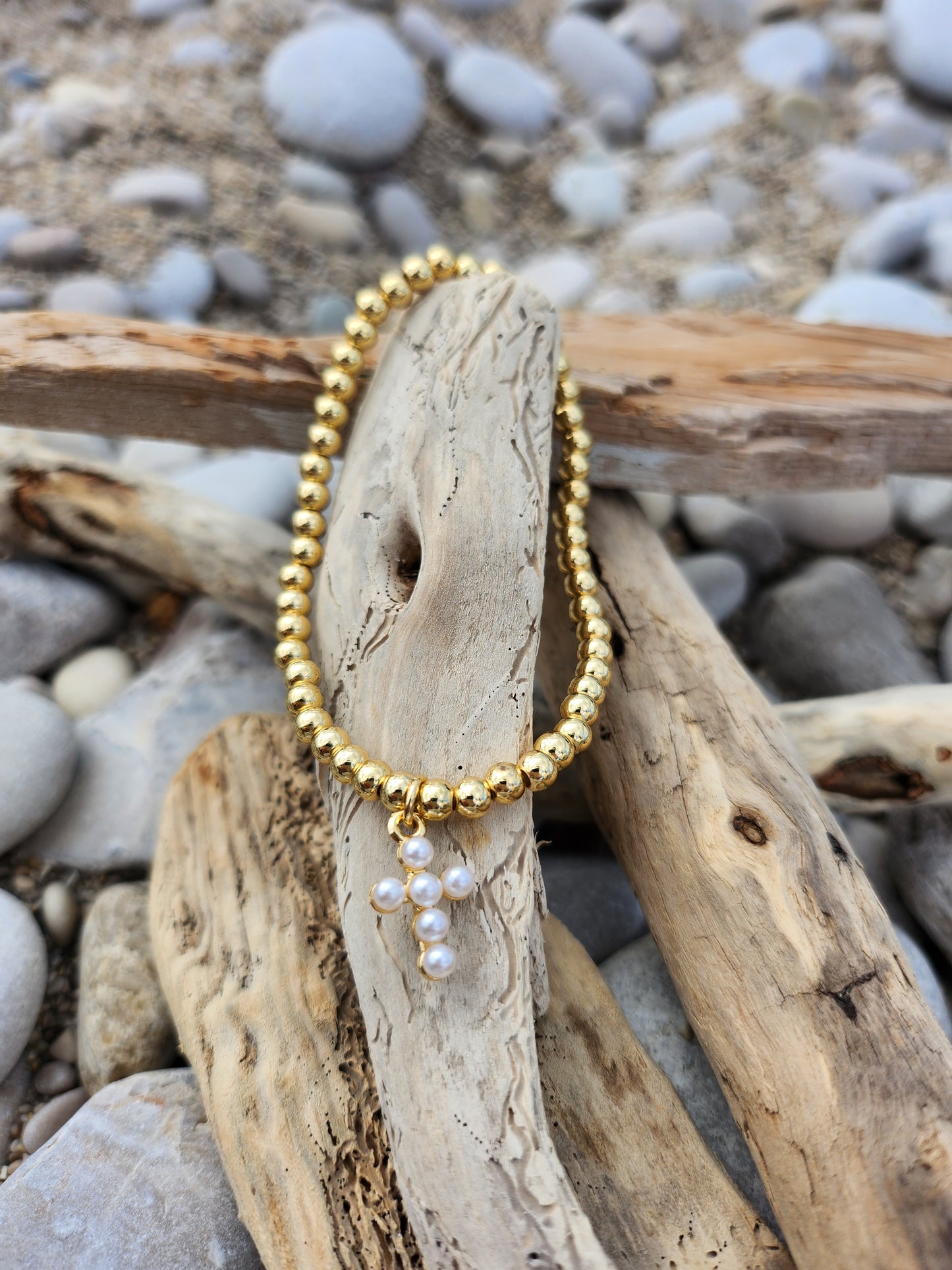 Gold Bobble Bracelet with Pearl Cross