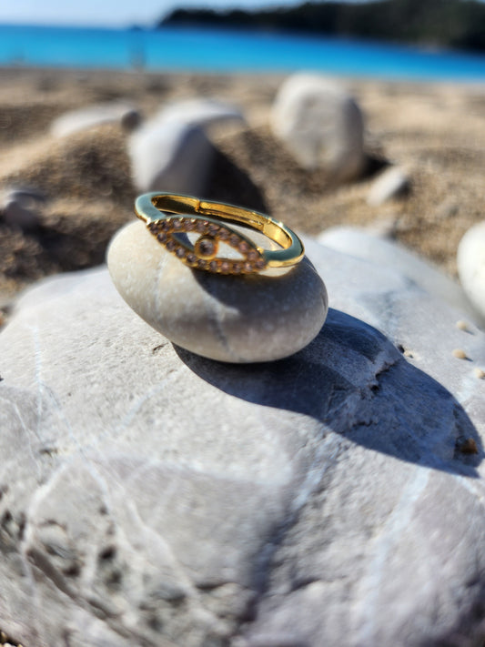 Elif Gold Adjustable Ring with Turkish Eye