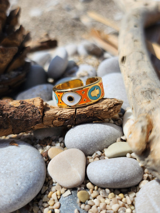 Orange Eye and Hamsa Hand Adjustable Ring