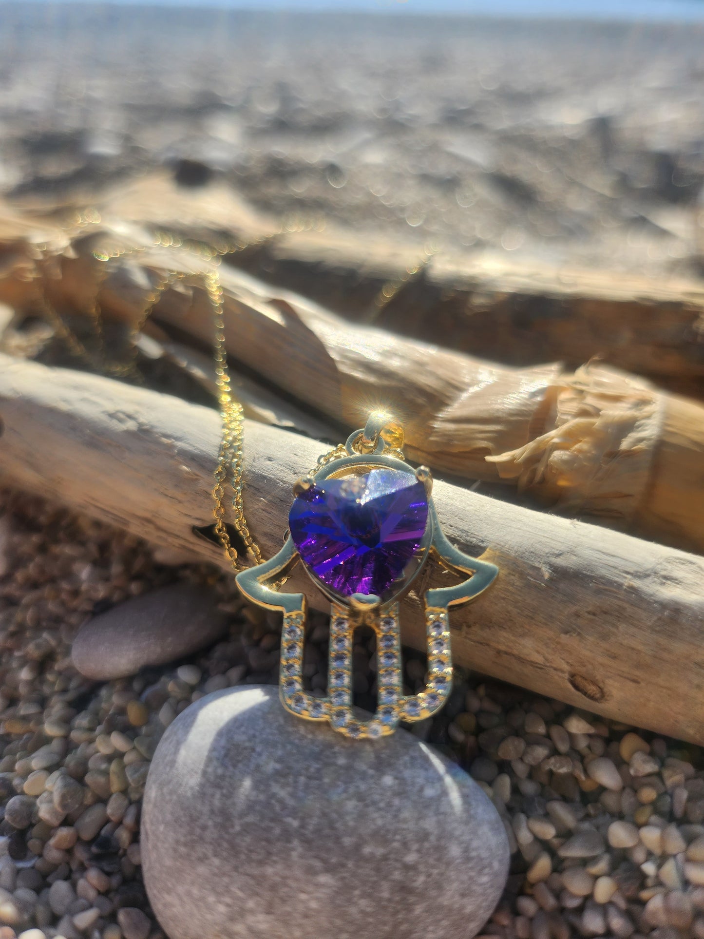 Hamsa Hand Necklace Purple