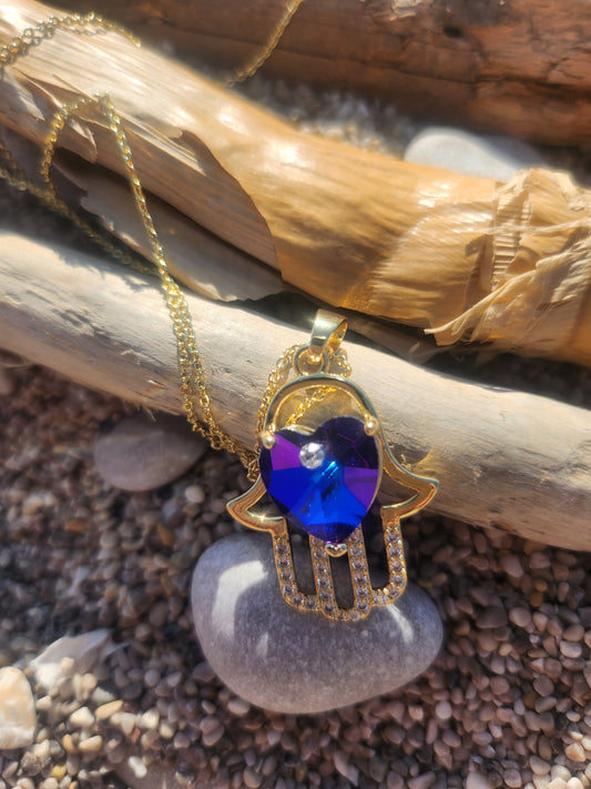 Hamsa Hand Necklace Purple