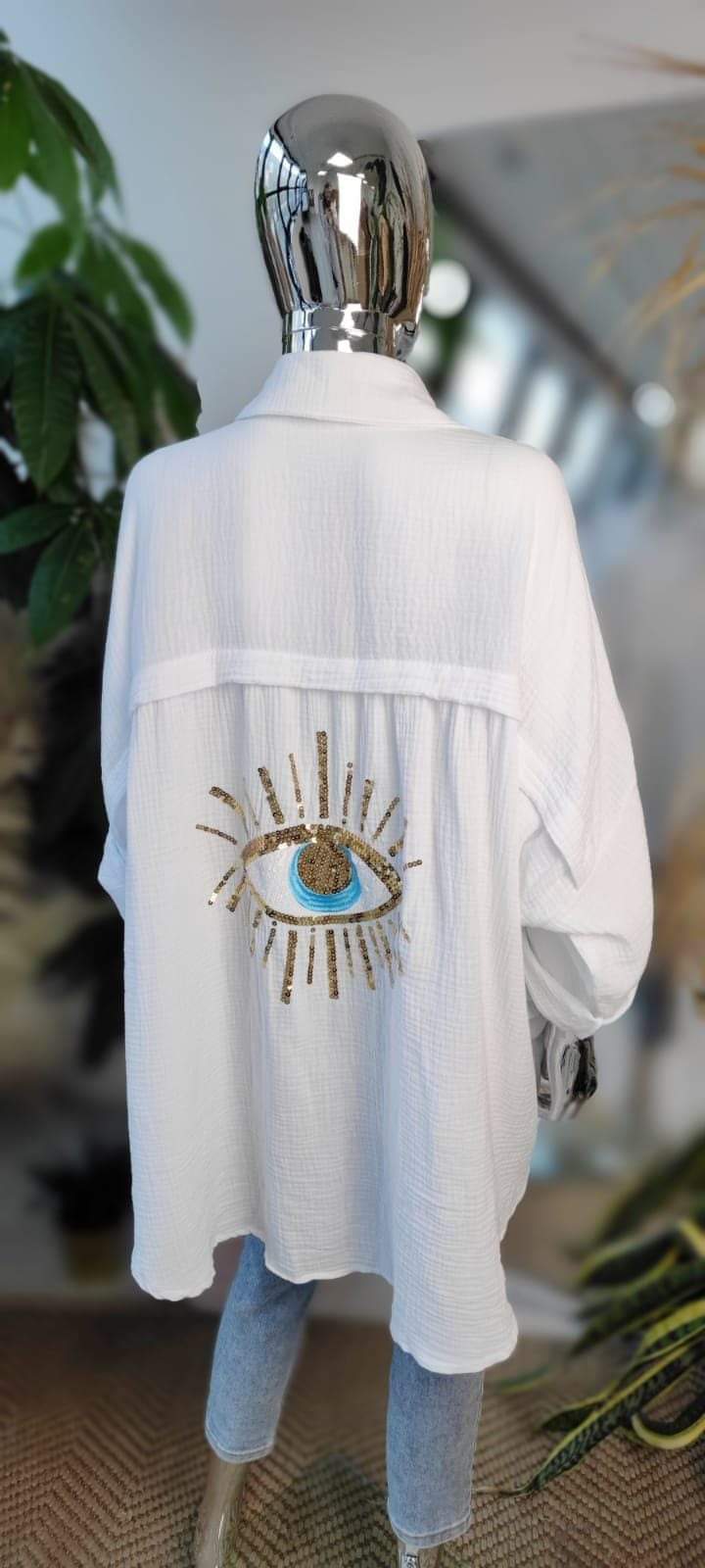 White oversized evil eye shirt